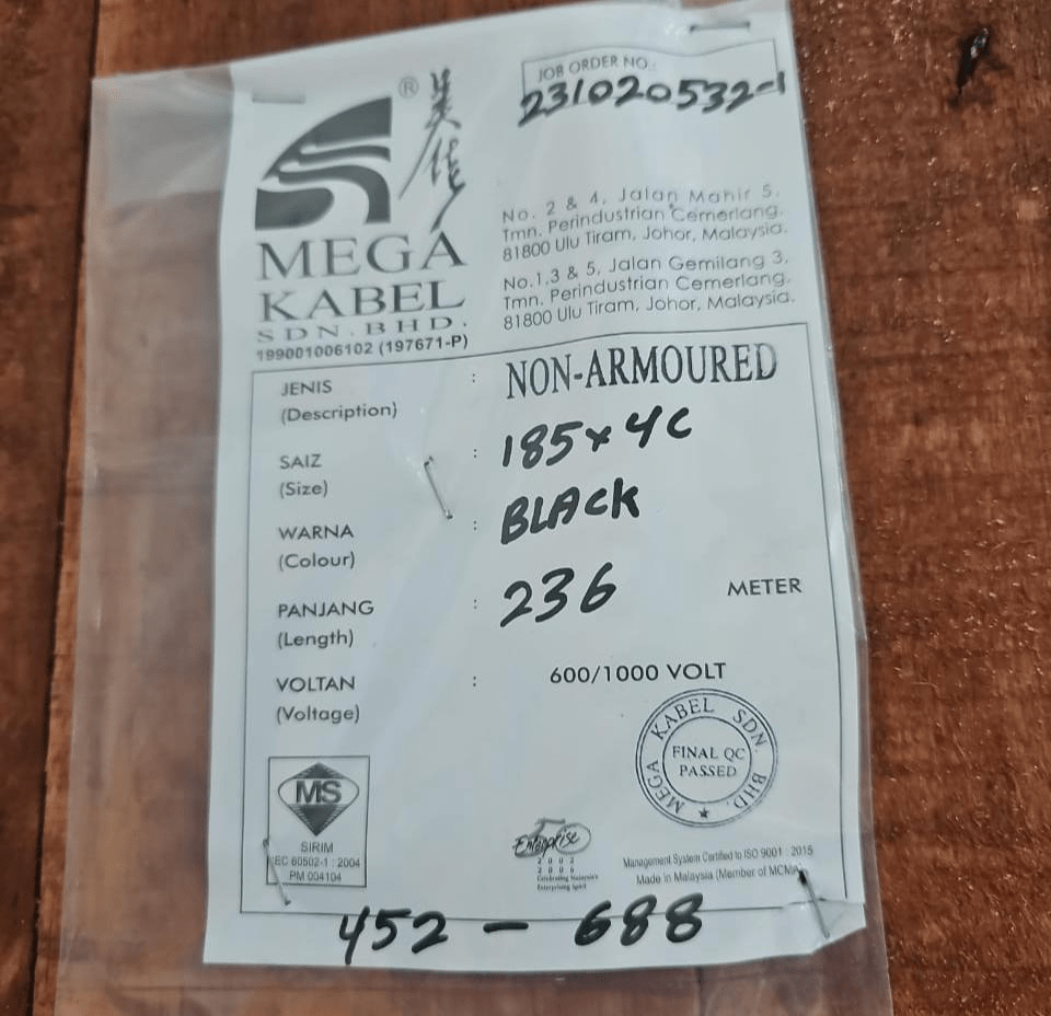 Label for Mega Kabel non-armored cable, with specifications including size (185x4C) and length (236 meters).