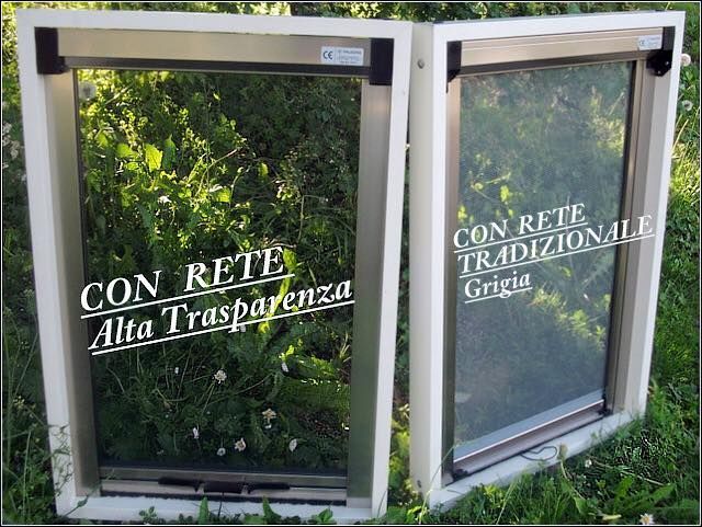 Due finestre aperte una accanto all'altra sull'erba, ciascuna con una zanzariera. Una zanzariera è intitolata