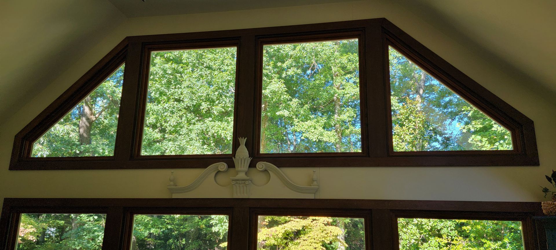 A room with a lot of windows and trees behind them.