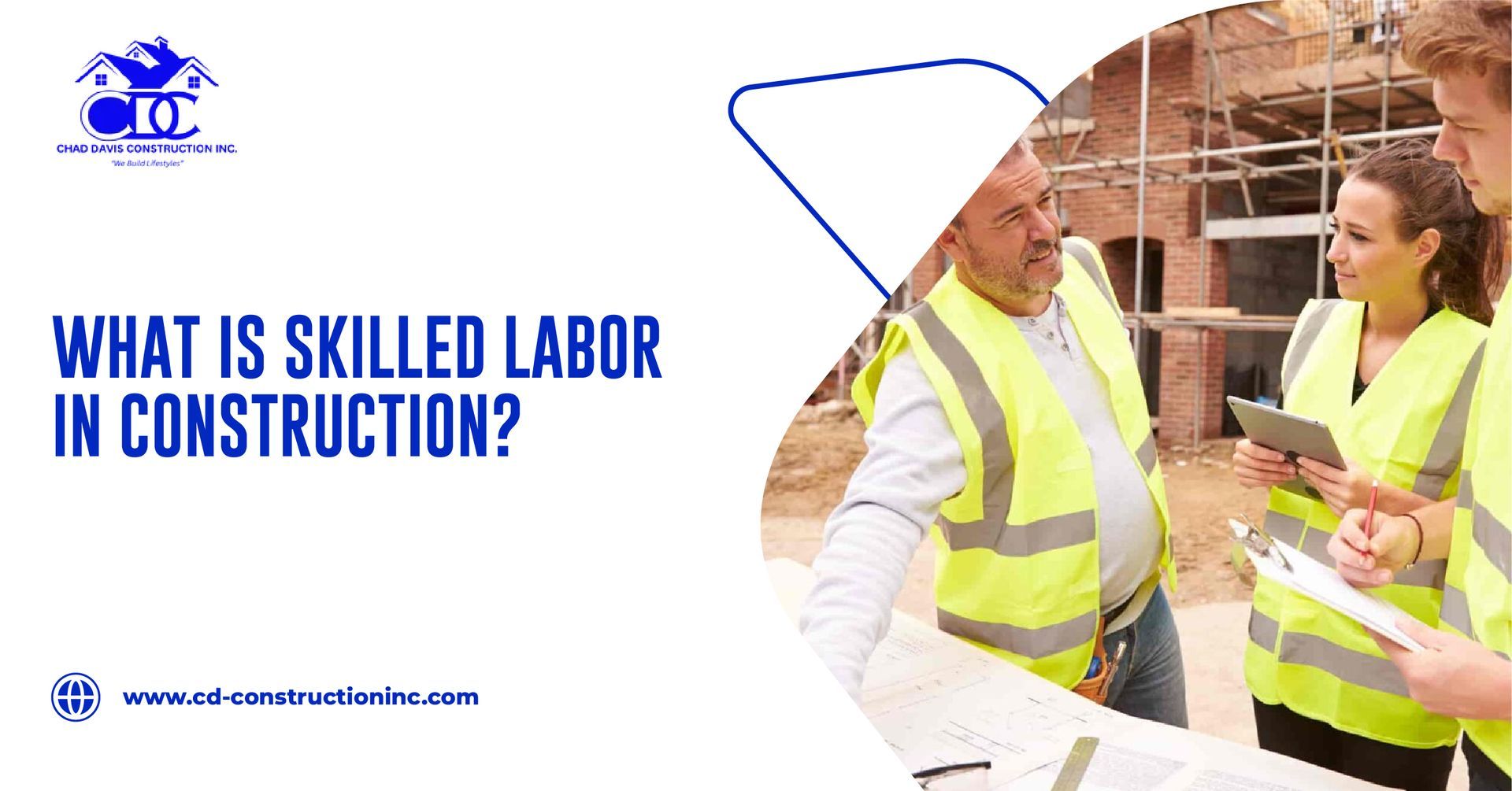 Construction workers in vests discussing a blueprint, with text 