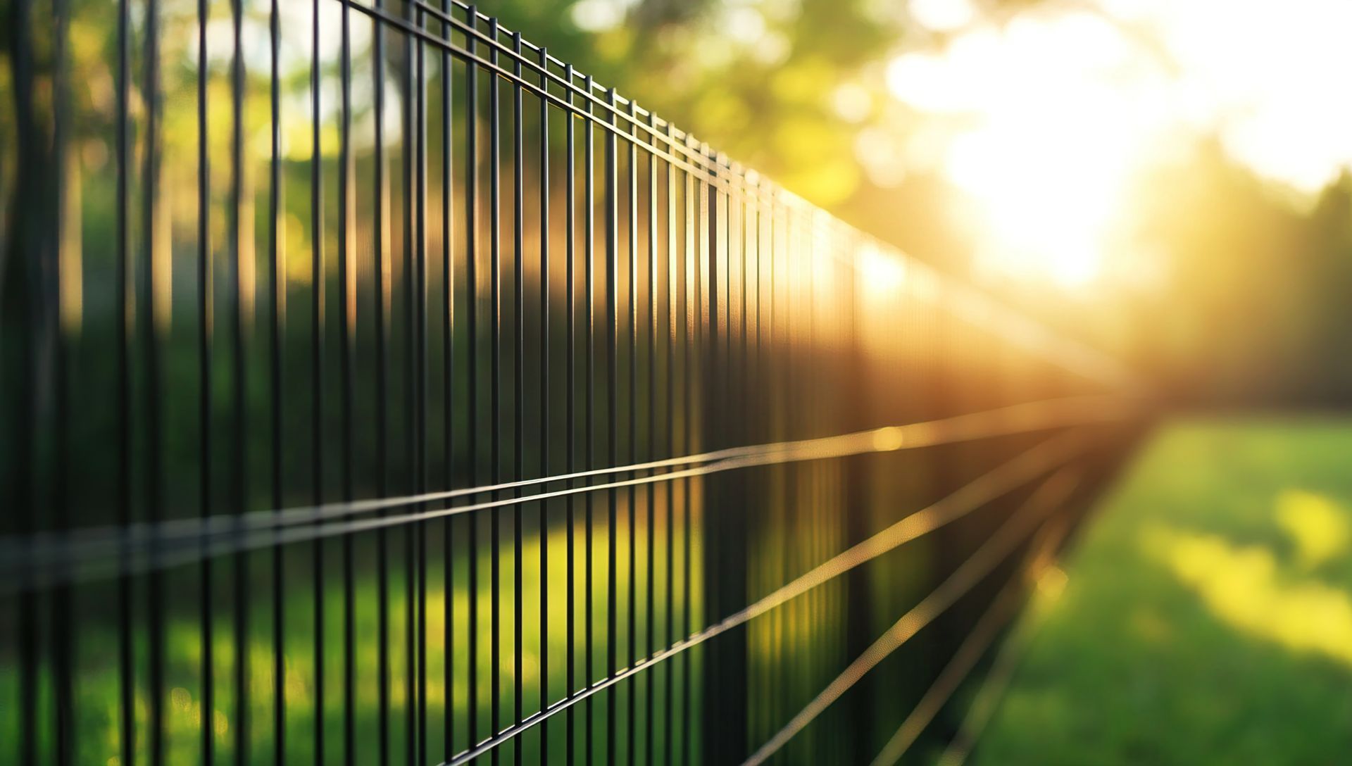 Closeup of a residential metal wire fence with sunshine in the background.