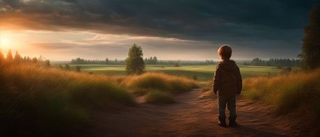 Digital artwork of a little boy staring at the wide world in an open field with the sun setting and clouds, published by ProxiArt
