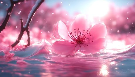 Digital artwork of a Cherry blossom falling into water, published by ProxiArt.