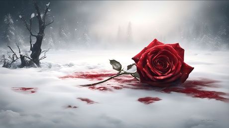 Digital artwork of a bleeding red rose lying in the snow in  a wintry landscape, published by ProxiArt..