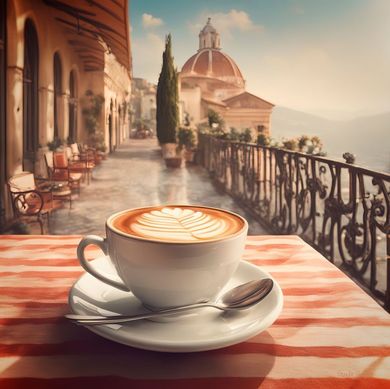 Digital artwork of a cappuccino on a table in an authentic Italian setting, published by ProxiArt.