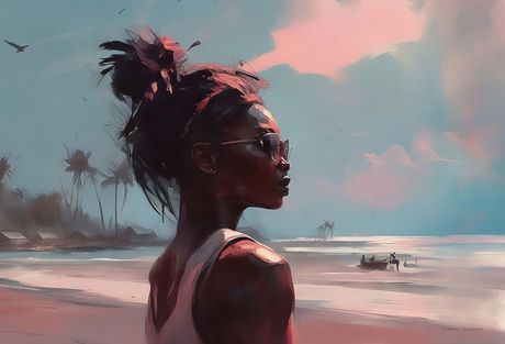 Digital artwork of a native of the Caribbean, looking out to sea, wearing sunglasses, published by ProxiArt.