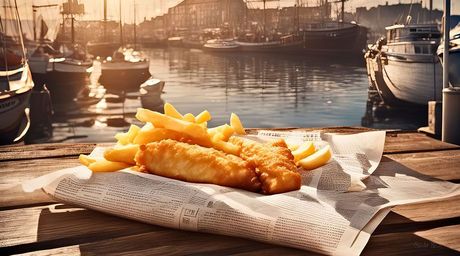 Digital colorful portrait of fish and chips on an old newspaper in an authentic harbor, published by ProxiArt