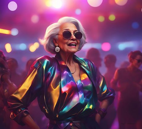 Digital artwork of a lady of respectable age in disco outfit,  enjoying the nightlife in a club, published by ProxiArt.