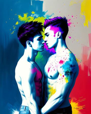 Digital artwork of two young men full of pride and love  in a colorful setting, published by ProxiArt