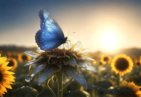 Digital artwork of a blue butterfly on a sunflower in the morning sun, published by ProxiArt