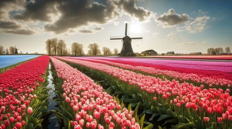 Digital artwork of a Dutch landscape in spring with tullips and a Dutch windmill, published by ProxiArt