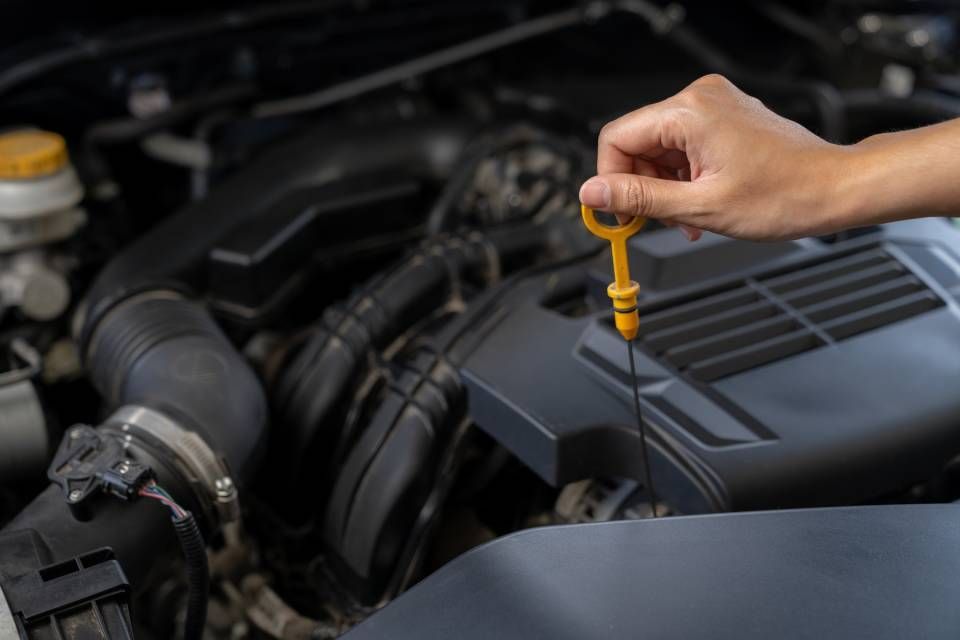 Hand holding a yellow dipstick checking the engine oil in a car.