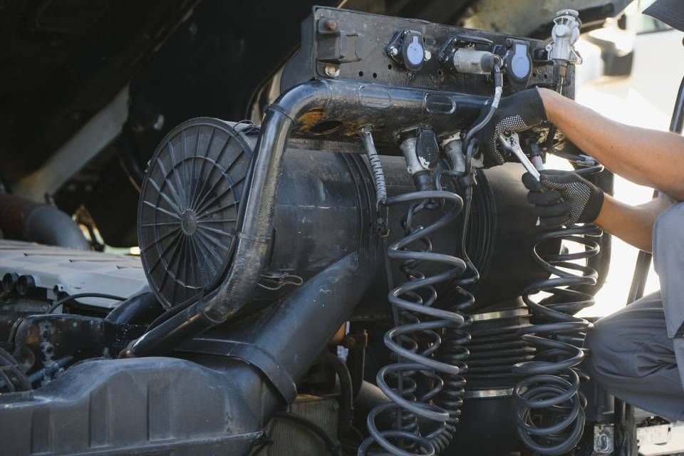 Mechanic working on the black engine components of a truck, likely outdoors, with various hoses and tubes.