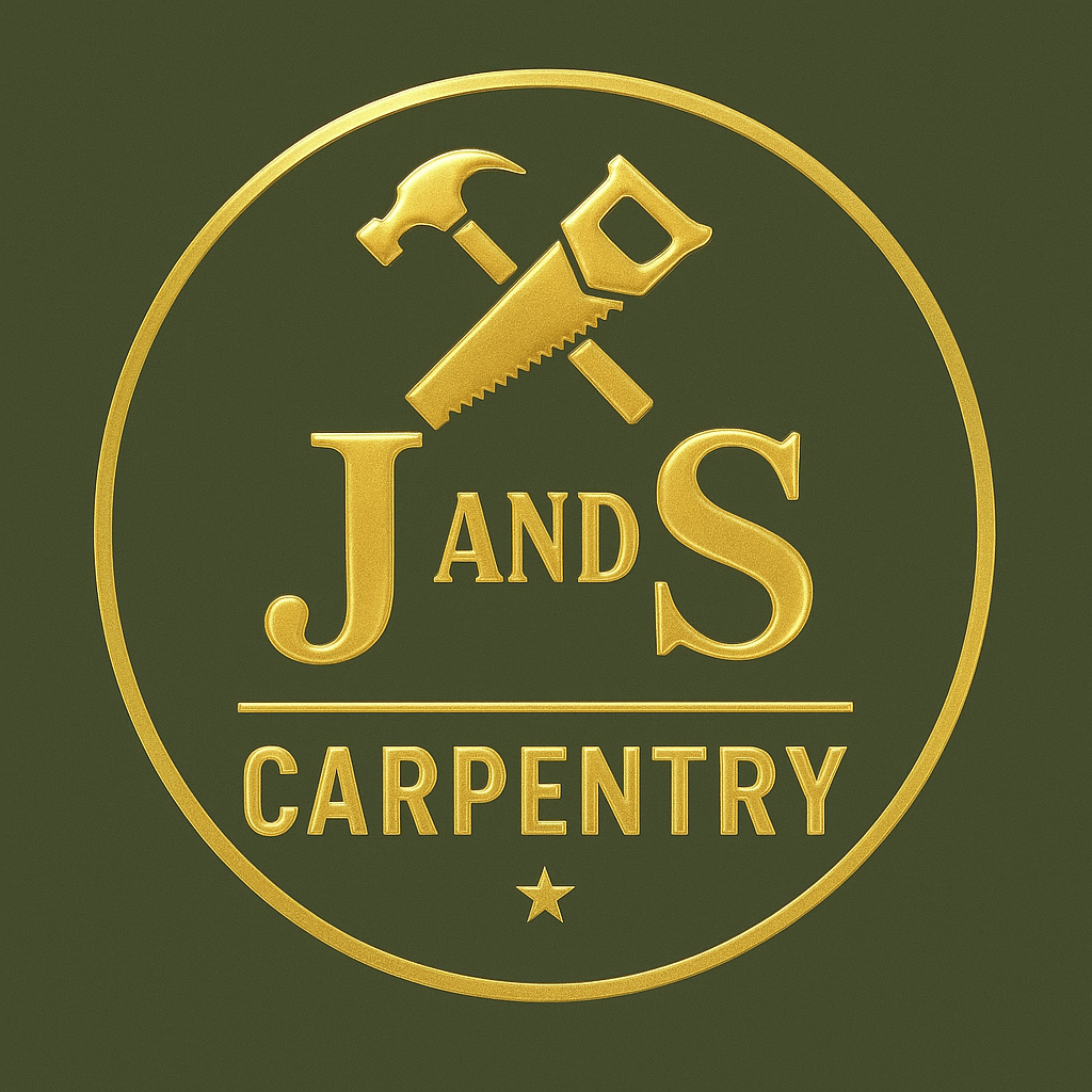 Gold logo: J and S Carpentry, with crossed saw and hammer inside a circle.