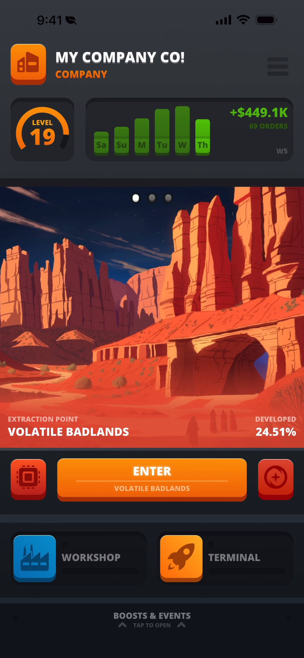 Mobile app interface with desert landscape, bar graph, and buttons.