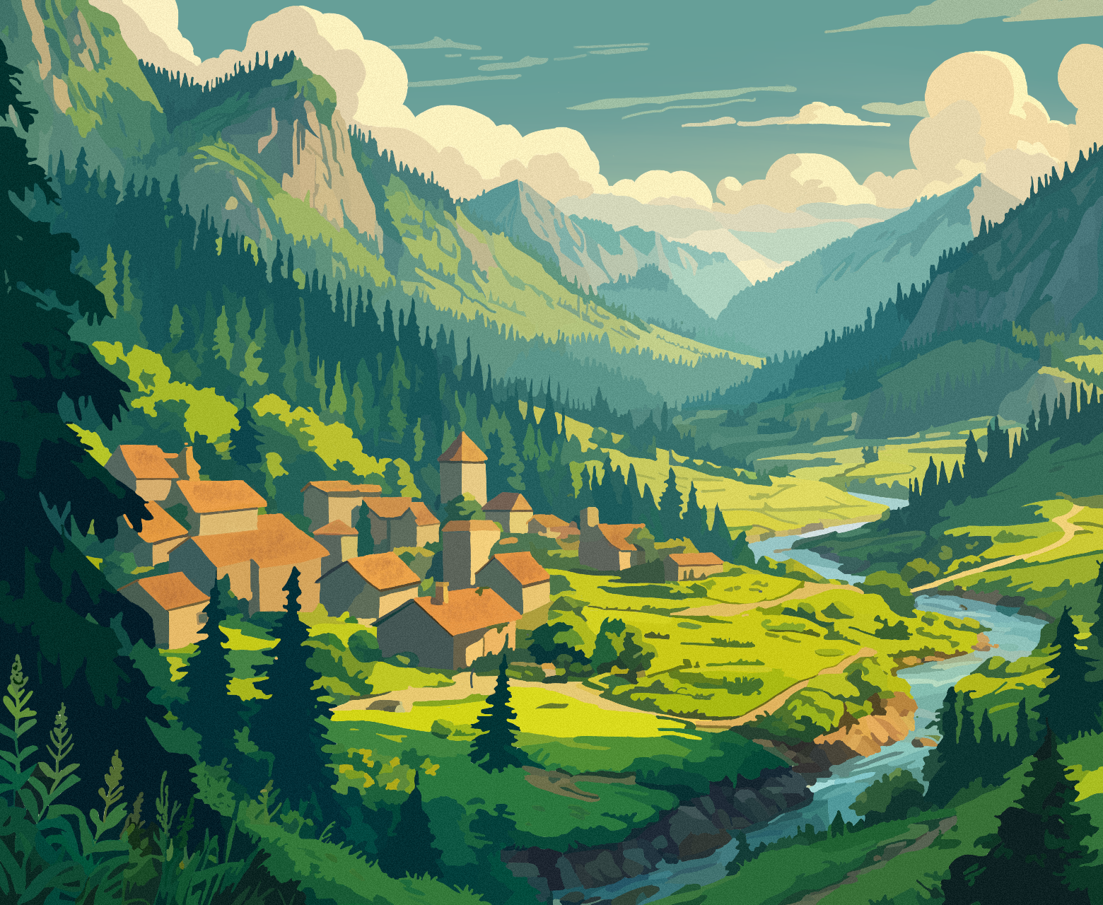 Mountain village with red-roofed houses in a lush green valley under bright clouds
