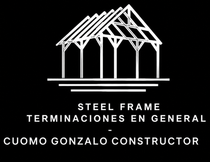Logotipo de techo de estructura de acero blanca con el texto “Steel Frame Terminaciones en General” y “Cuomo Gonzalo Constructor” en negro.