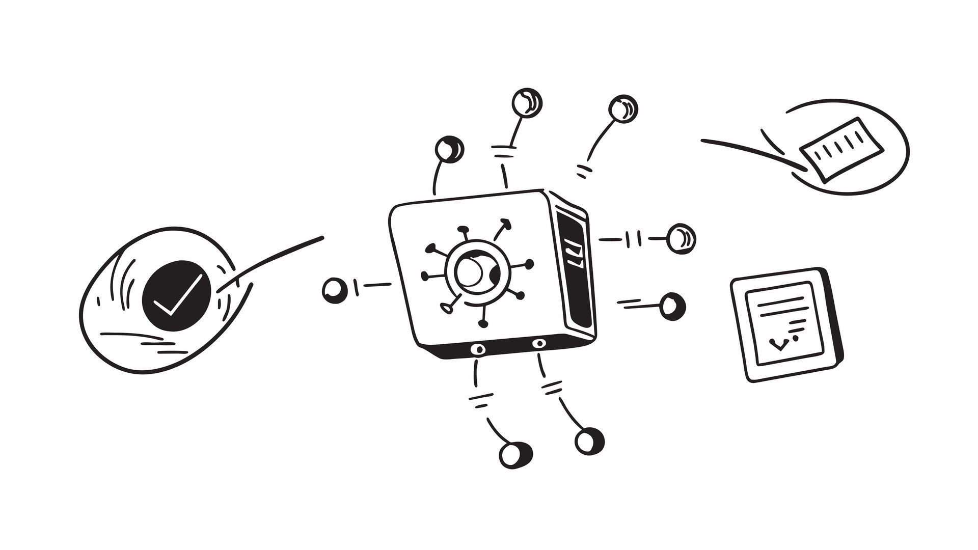 Sketch of a smiling square robot with arms and legs, surrounded by small icons and doodles.