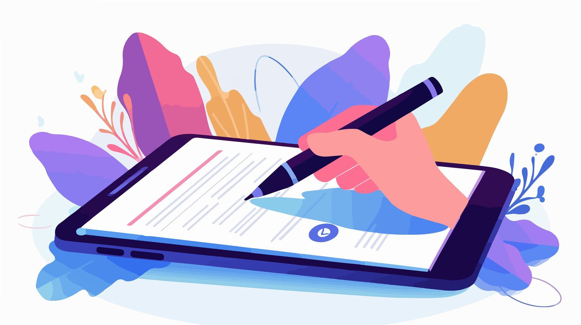Hand signing a document on a tablet with a pen, surrounded by abstract colorful leaves.