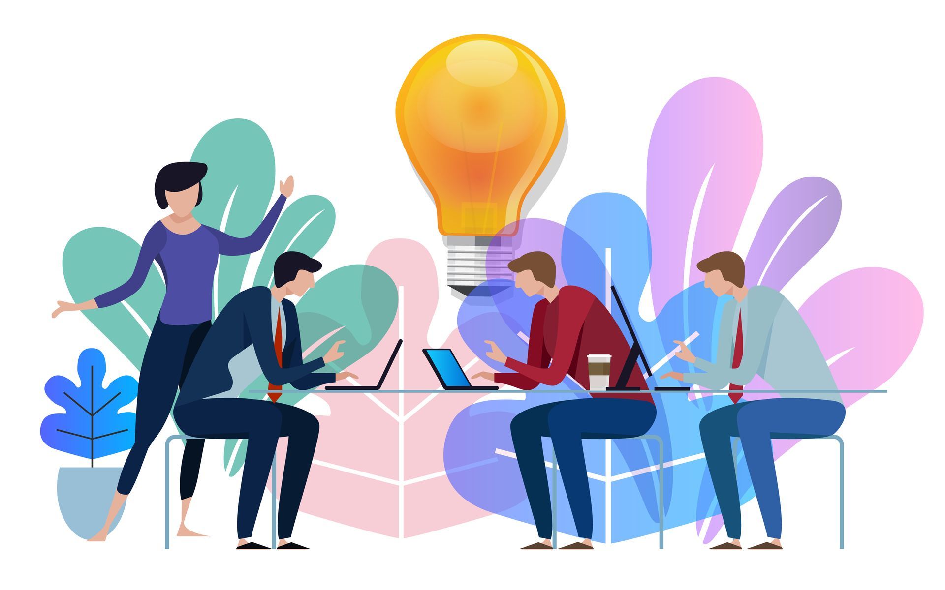 Gruppen-Brainstorming: Menschen an Schreibtischen mit Laptops unter einer leuchtenden Glühbirne. Eine Frau deutet auf die Glühbirne, umgeben von bunten Pflanzen