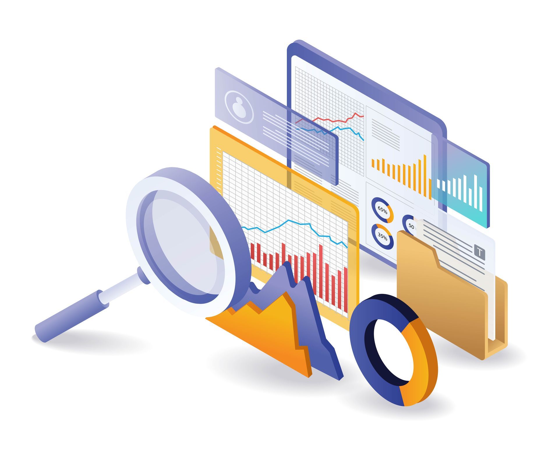 „Lupe über einem Computerbildschirm mit angezeigten Datendiagrammen.