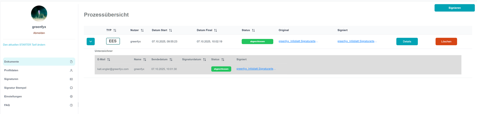 Screenshot of a dashboard showing a list of items, each with a status, and a link to view details.