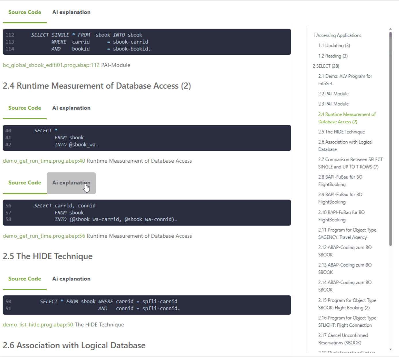 Screenshot of code examples for database access and techniques, with a navigation menu on the right.