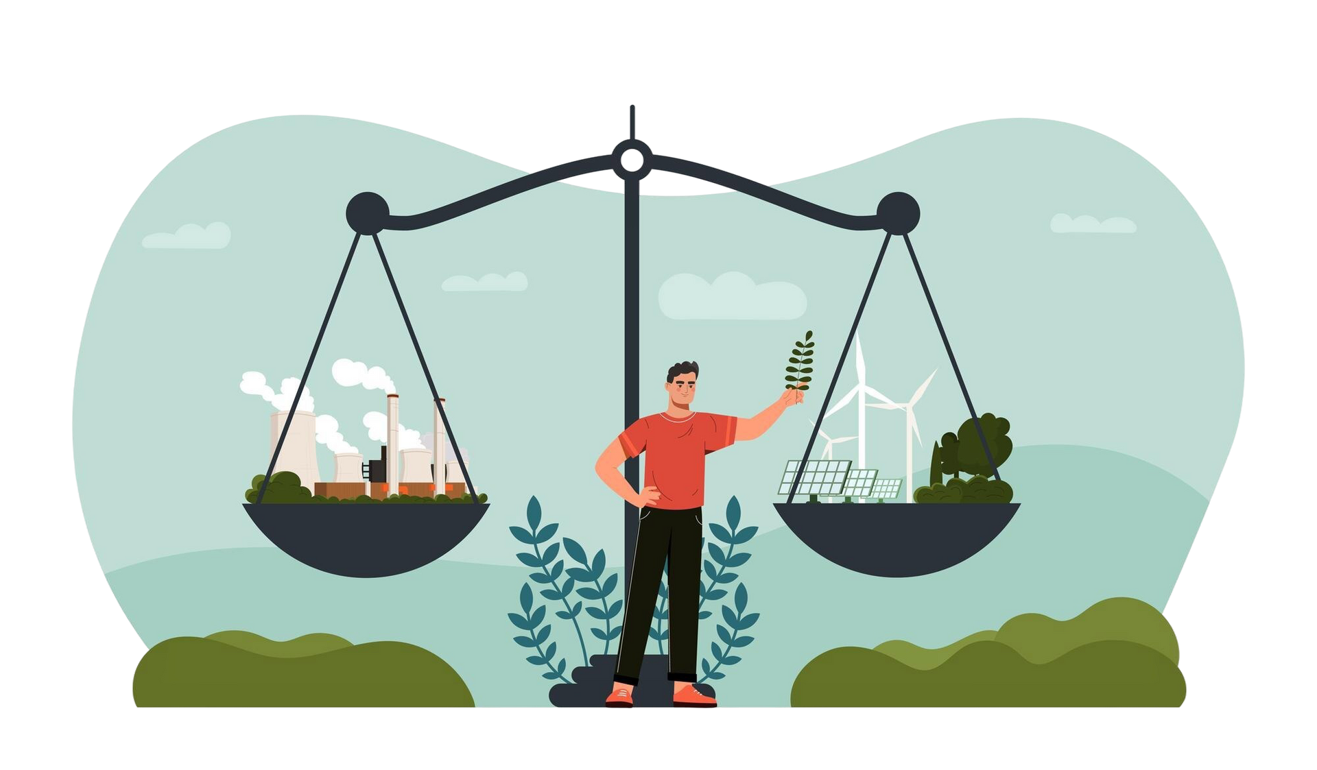 Scales balancing pollution (left) and clean energy (right). Man in the middle holds a plant, symbolizing the balance.