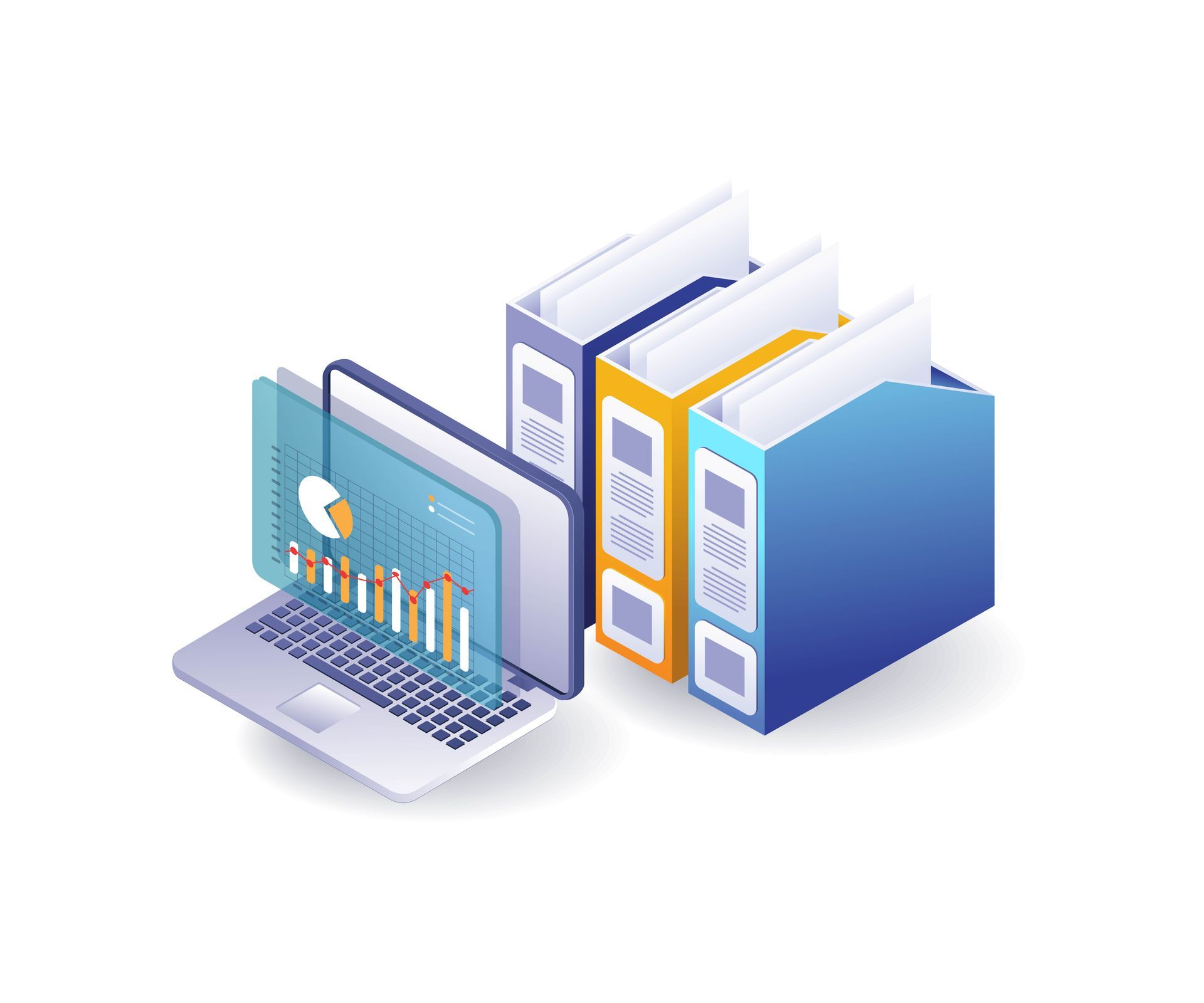 Laptop displaying data charts next to colorful binders, representing data analysis and organization.