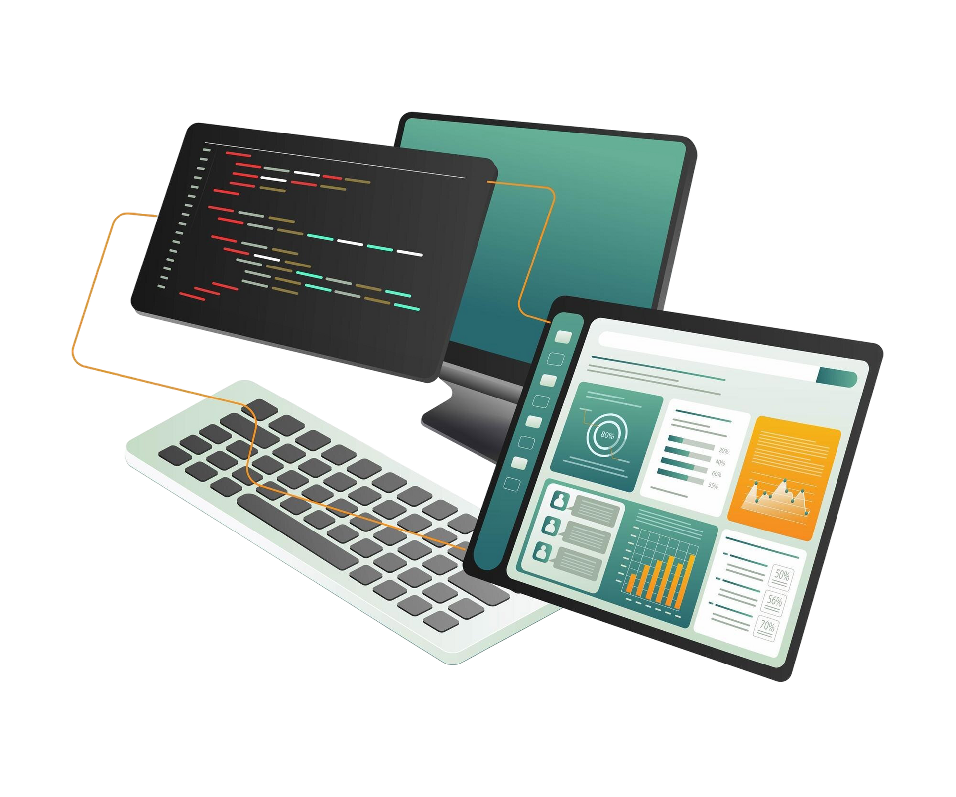 Coding and data analysis tools on multiple screens: a monitor, a tablet with charts, and a tablet with code, with a keyboard.