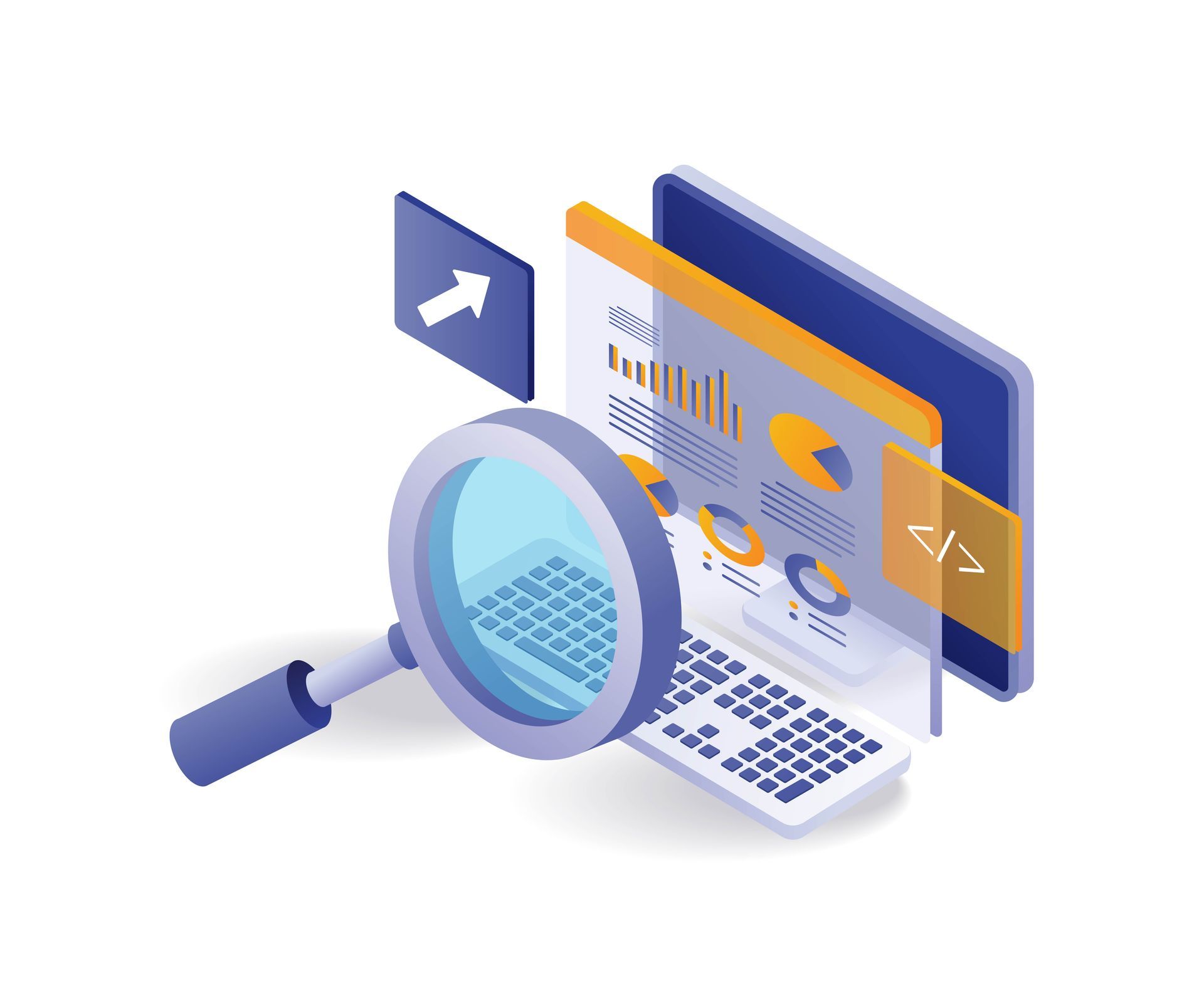 Magnifying glass over a computer screen displaying data charts.