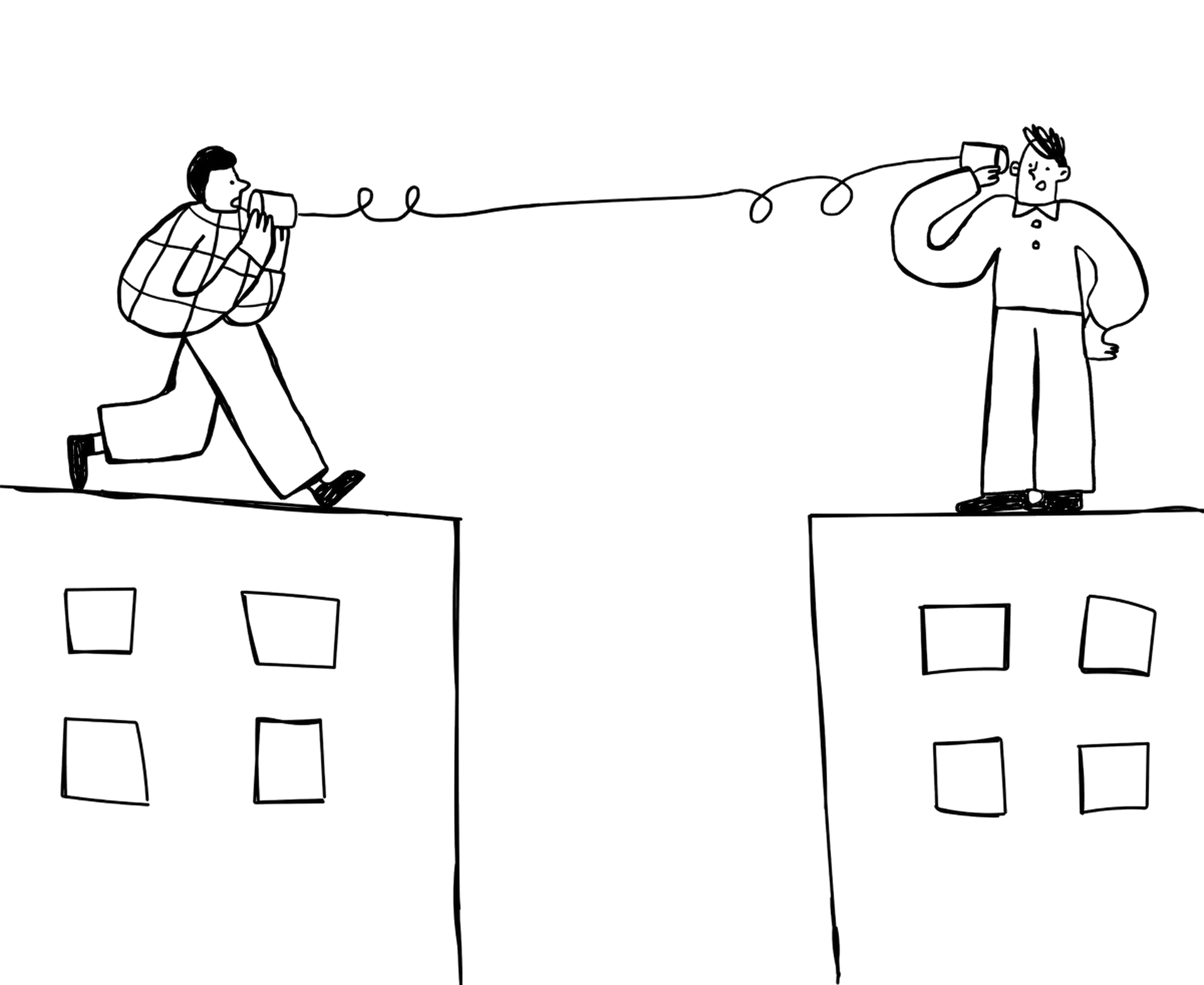 Two people on separate rooftops communicate through a long string with tin cans.