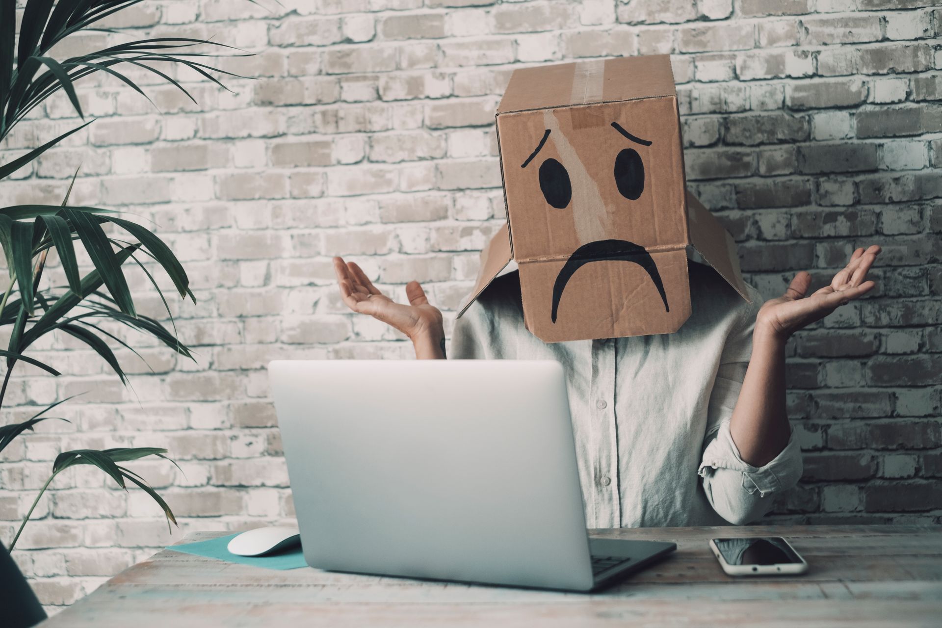 Person wearing a cardboard box with a sad face, shrugging while sitting at a laptop.
