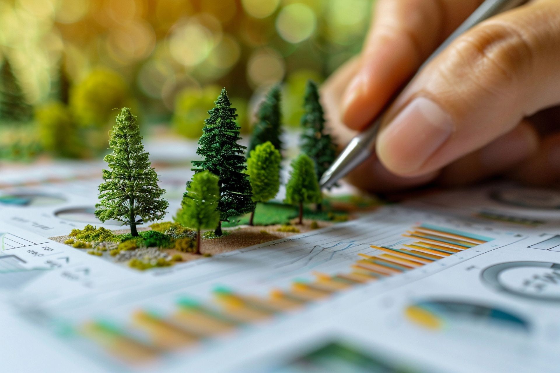 Miniature trees on a document with graphs, a hand holding a pen, blurred background.