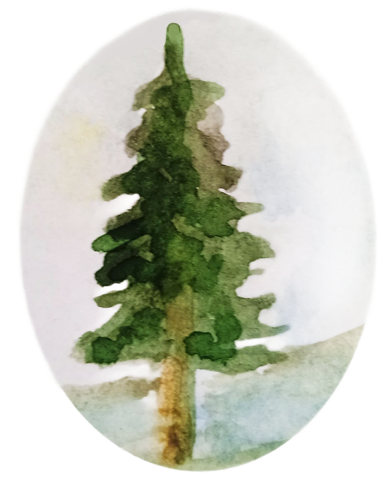 A circular watercolor painting of a foggy forest at sunrise with soft, muted tones of yellow, green, and gray.