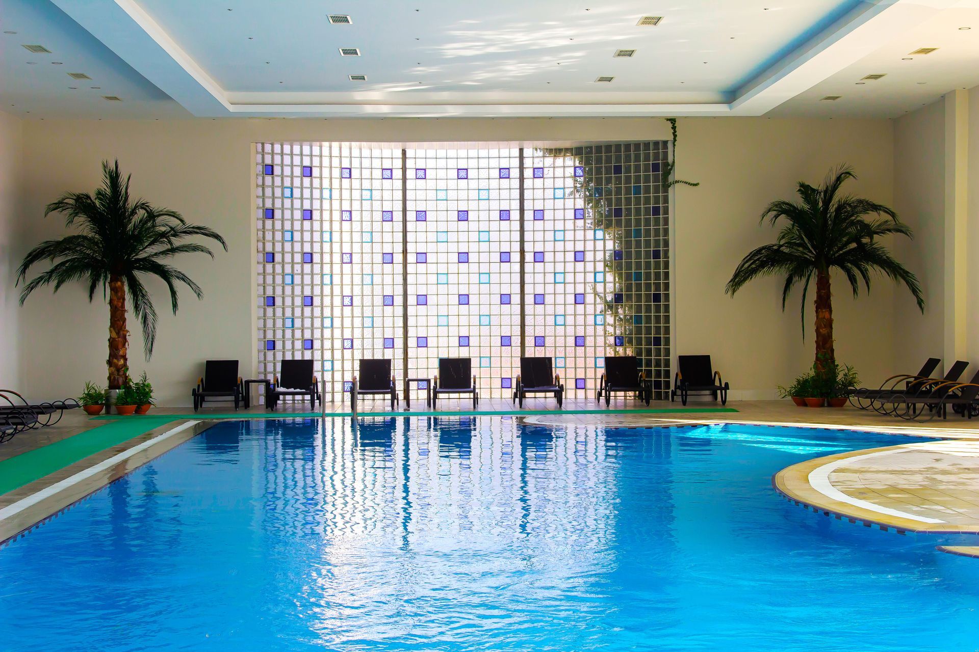 Indoor swimming pool with lounge chairs, palm trees, and decorative window.