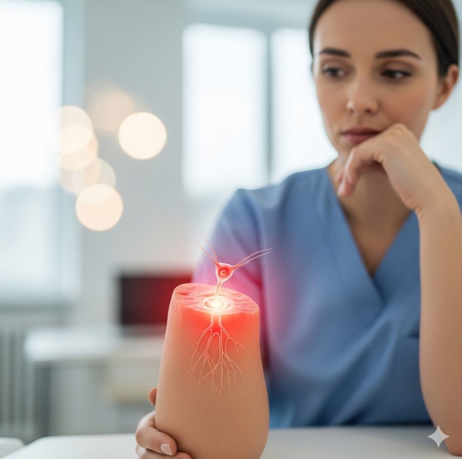 Ilustração médica de um neuroma em coto de amputação causando dor neuropática e sensação de membro fantasma.