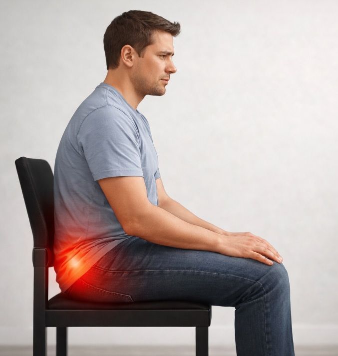 Dor lombopélvica intensa ao sentar com sinais de alerta que indicam necessidade de avaliação médica urgente