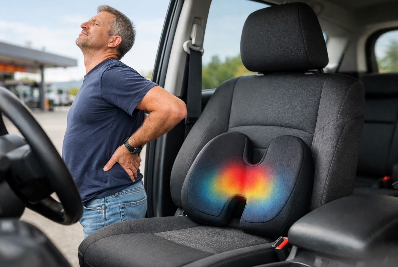 Dor ao dirigir causada por pressão no cóccix e na pelve; uso de almofada e ajustes no banco podem reduzir o desconforto.