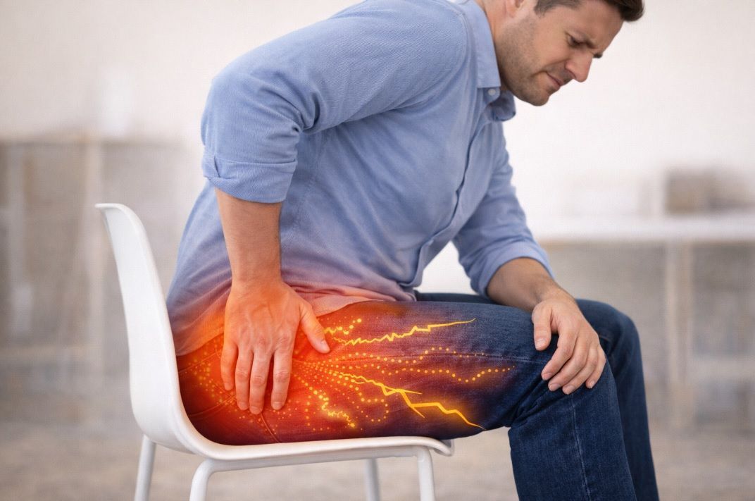 Dor neuropática ao sentar com irradiação para o glúteo e coxa, indicando compressão de nervos periféricos