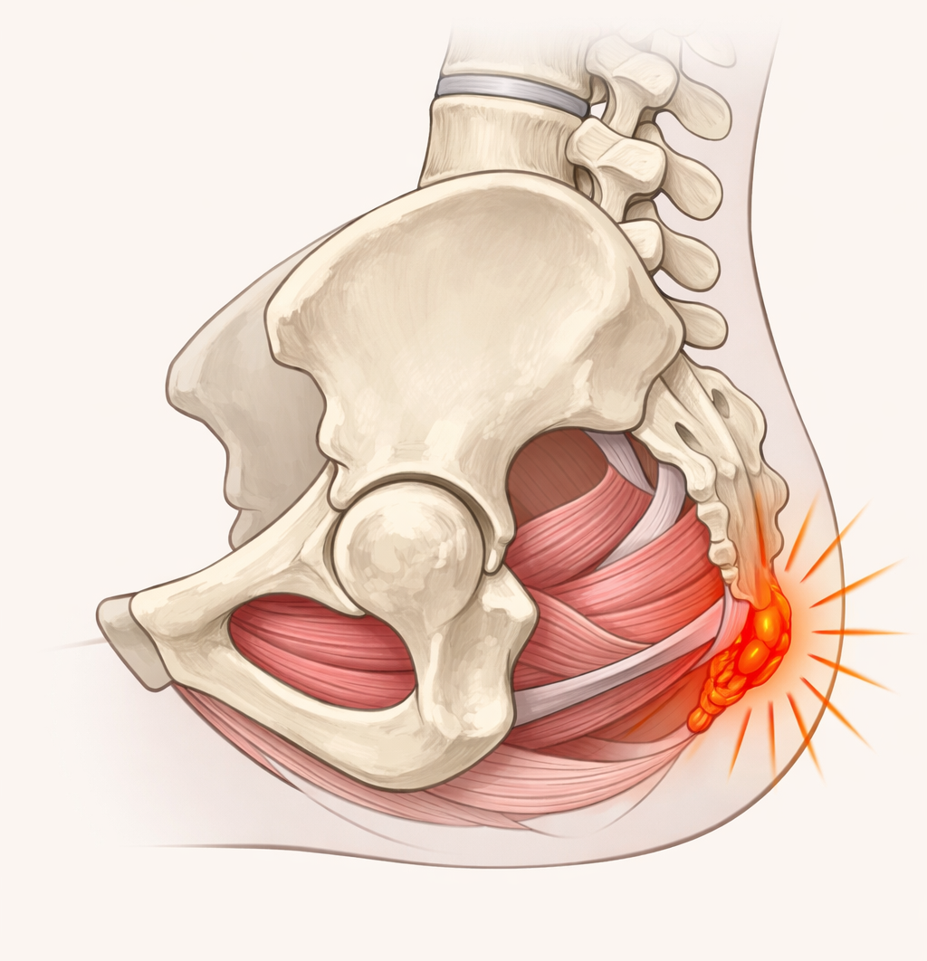 Ilustração anatômica mostrando coccidínia, com inflamação e dor no cóccix, localizada na parte final da coluna, pior ao sentar e ao levantar da cadeira