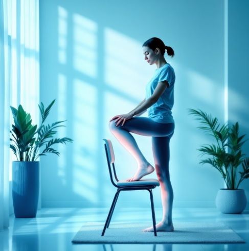 Mulher em pé com um pé apoiado em cadeira, realizando mobilização do nervo cutâneo femoral lateral para aliviar Meralgia Parestésica.