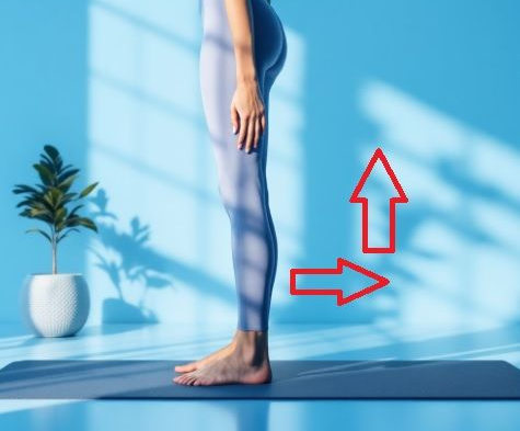 Mulher em pé realizando alongamento de panturrilha e quadríceps para aliviar dor e queimação da Meralgia Parestésica.