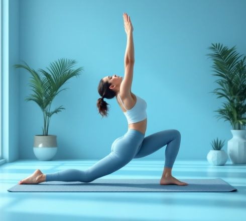 Mulher em posição de estocada profunda com braço elevado, realizando alongamento para aliviar sintomas da Meralgia Parestésica.