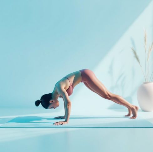 Mulher em posição de prancha, fortalecendo core e pelve para reduzir compressão do nervo femoral lateral e aliviar Meralgia Parestésica.