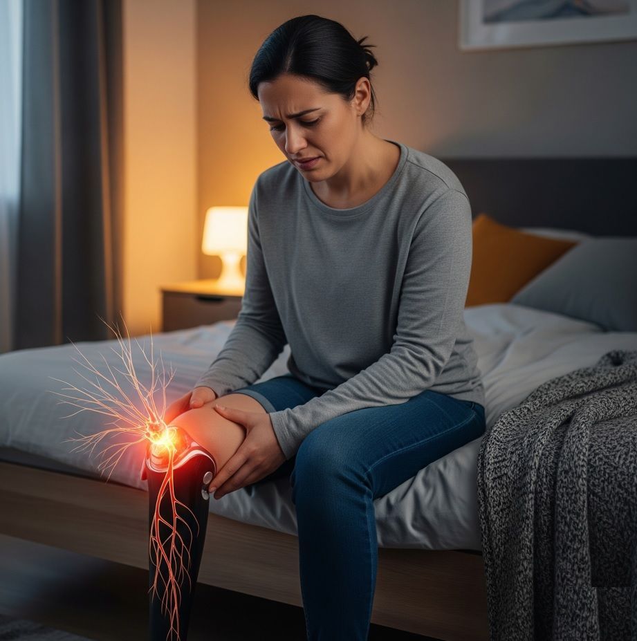 Mulher sentada na cama sentindo dor intensa no coto de amputação, ilustrando o impacto da dor fantasma no sono e humor.
