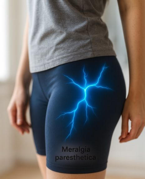 Imagem realista mostrando mulher com dor neuropática na coxa, destacando o trajeto do nervo afetado pela Meralgia Parestésica.