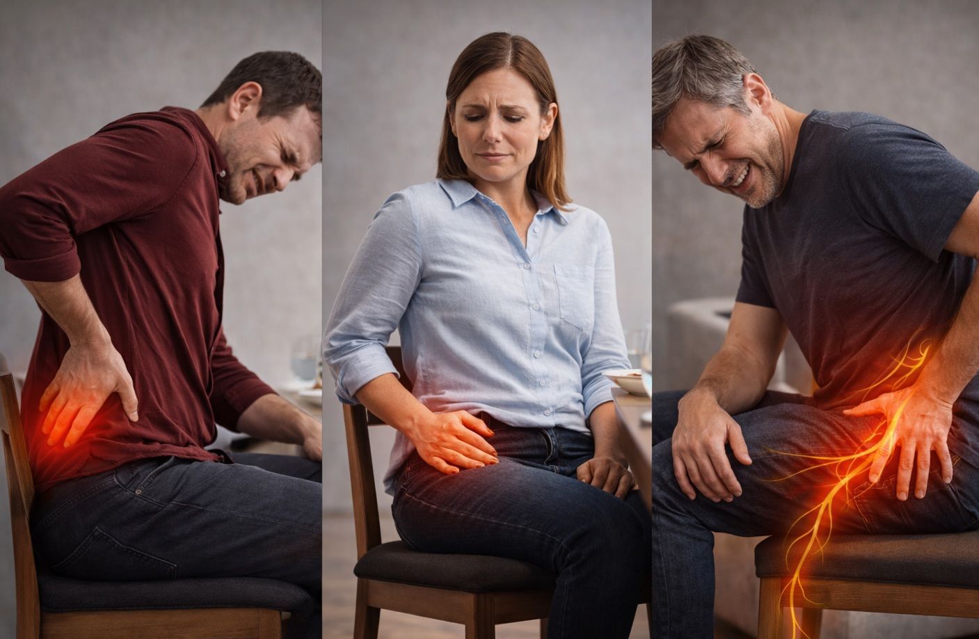 Dor ao sentar causada por compressão de nervos periféricos, com dor no glúteo, quadril e irradiação para a perna