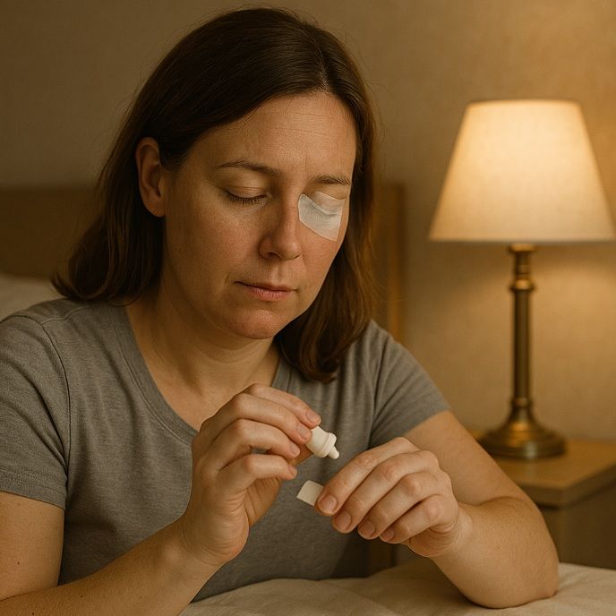 Saiba por que proteger o olho é essencial na paralisia facial e como os cuidados aceleram a recuperação. Mulher com paralisia facial usa colírio e mantém curativo no olho para proteger a visão durante o tratamento.