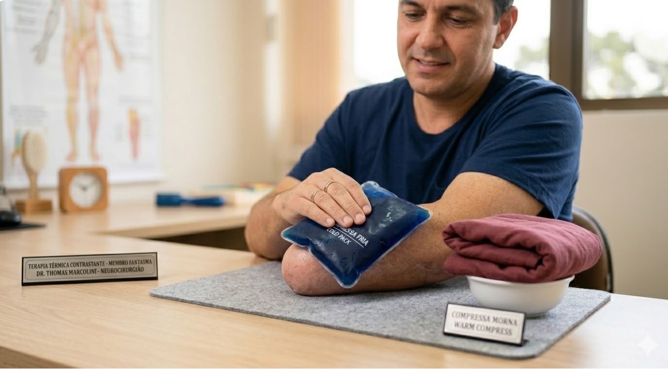 Homem aplicando compressa de gelo no coto de amputação, exemplificando a técnica de terapia térmica contrastante para alívio de dor neuropática.
